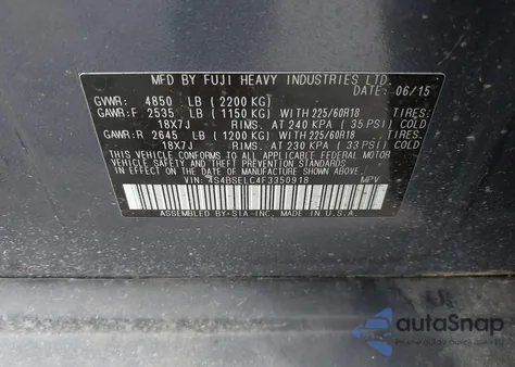 2015 Subaru Outback 3.6R Limited from USA, damaged, VIN 4S4BSELC4F3350918